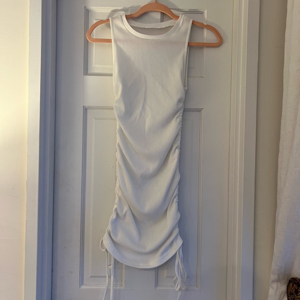 White Ribbed Ruched Dress - Picture 2 of 7